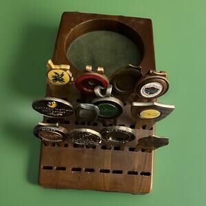 Vintage Solid Wood Divot Tools Display by Lorente with Collection of 12 Divots